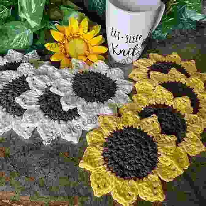 A Crocheted Dishcloth Repurposed As A Colorful Coaster, Featuring A Cheerful Sunflower Motif. Crocheting Dishcloths Book: Dishcloth Patterns And Instructions For Beginners